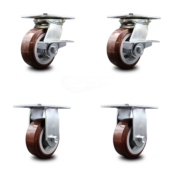 5 Inch Polyurethane Caster Set with Roller Bearing 2 Brakes and 2 Rigid SCC